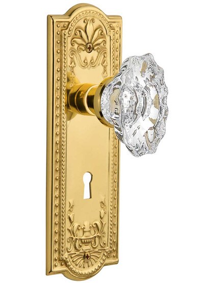 Meadows Design Door Set with Keyhole and Chateau Crystal Glass Knobs in Polished Brass.